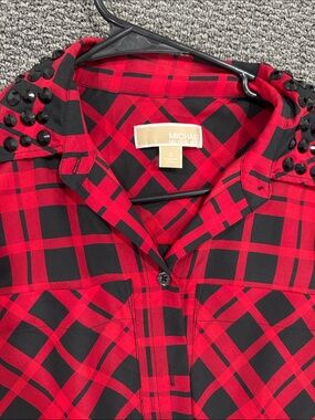 MICHAEL Michael Kors Red and Black Plaid Studded-Collar Shirt